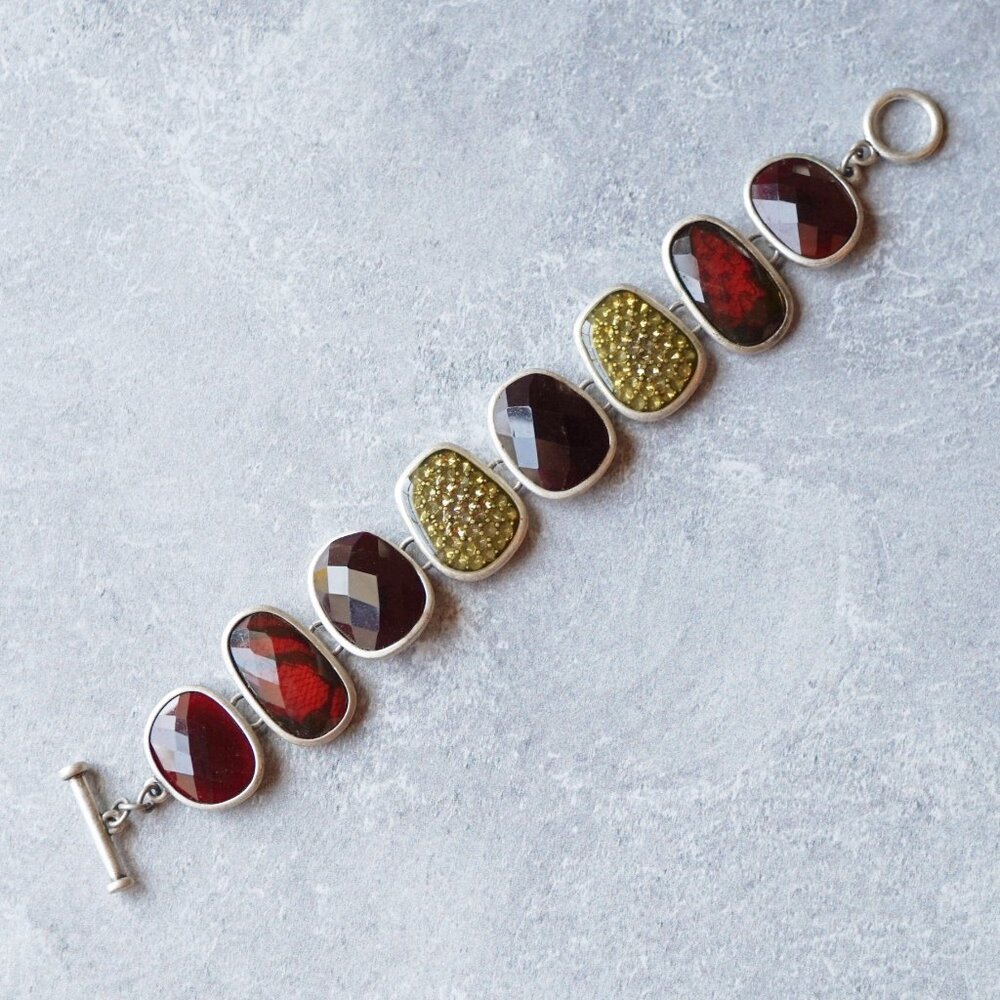 Bold 1990s Bezel-Set Glass Cabochon Link Bracelet with Toggle Clasp - Picture 2 of 5